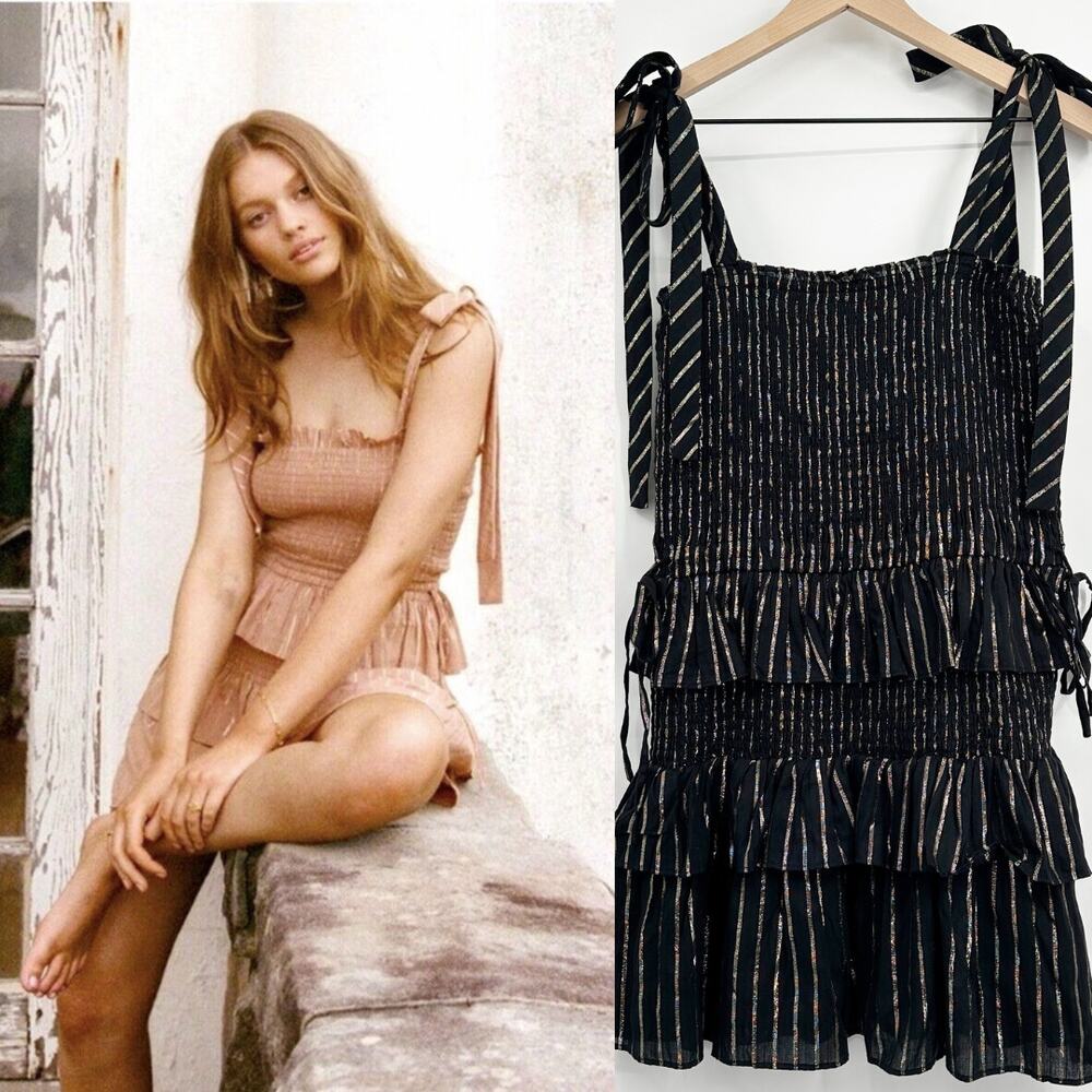 House of Harlow 1960 Corinne Shirred Smocked Mini Dress in Black Gold‎ Size M
